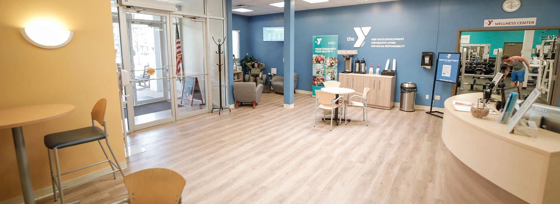 Newly renovated lobby and member connection space at the Hilltop Family YMCA