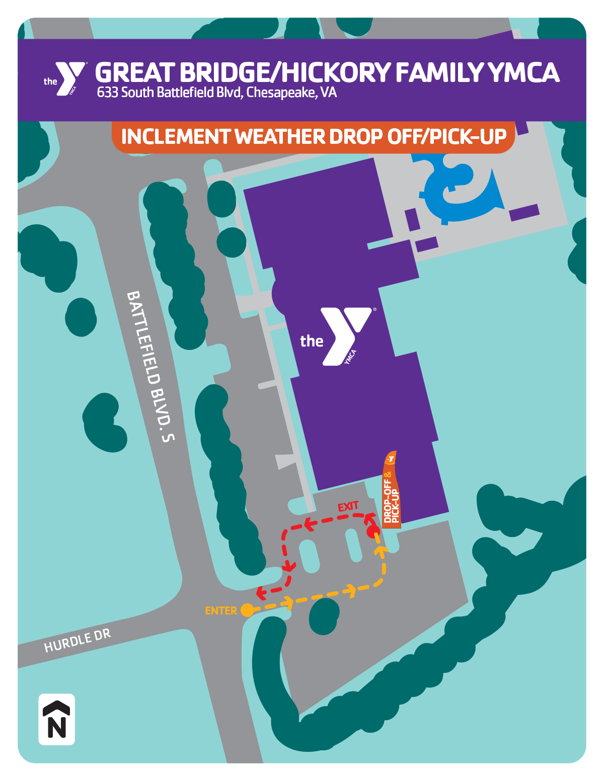 Summer camp inclement weather drop-off & pick-up locations for the Great Bridge/Hickory Family YMCA