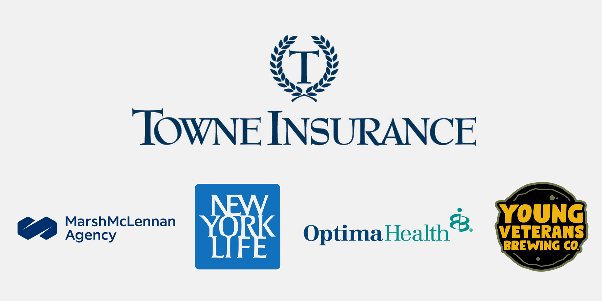 2022 Oyster Roast Sponsors for YMCA at JT's Camp Grom. Large logo: Towne Insurance. Smaller logos: MarshMcLennan Agency, New York Life, Optima Health, Young Veterans Brewing Company