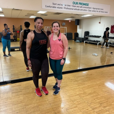 Stephanie Graefe and Terre in a group exercise class at the YMCA