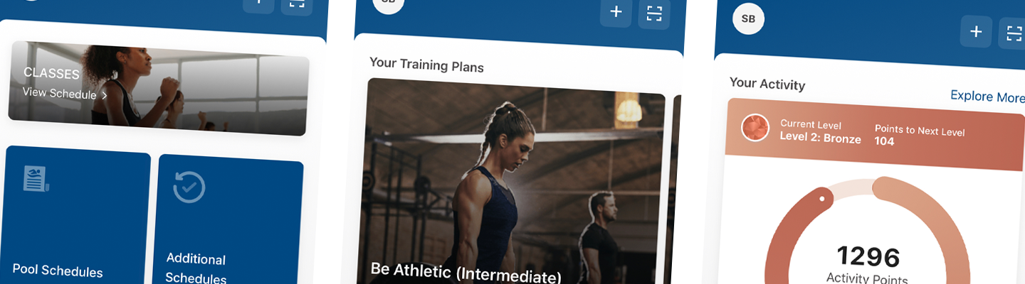 YMCA App screens with class schedule link, pool schedules, additional schedules, training plans and activity progress.
