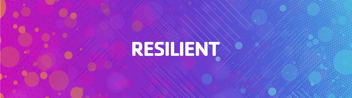 Purple blue gradient background with bubbles and lines for texture with the single word "Resilient" centered on the background.