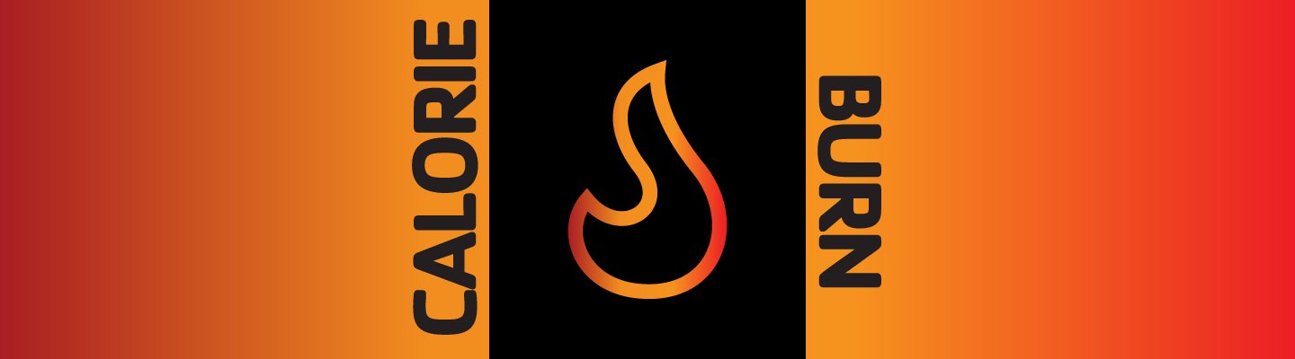 Red orange background with the words Calorie Burn. In the center, a black background with an orange and red flame silhouette in showing through.