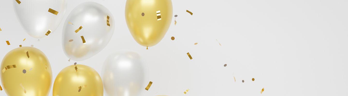 Gold and silver balloons with gold confetti