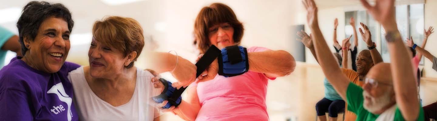 Collage: Older Adults laughing, having fun, and working out at the Y