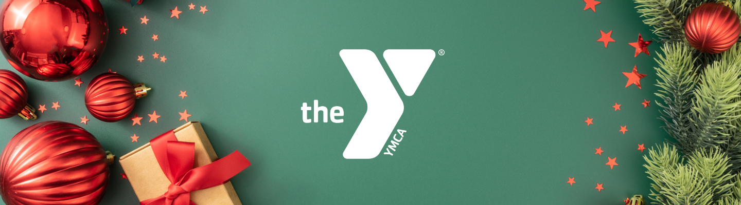 green background with read ornaments, a git, red stars, and garland with a YMCA logo