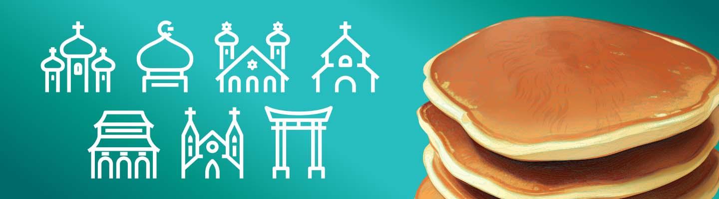 Green gradient background with icons of different religious houses and a stack of delicious pancakes