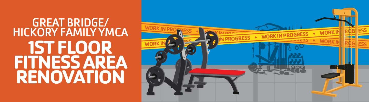 Illustrated graphic of a gym fitness center with Work in Progress caution tape for renovation