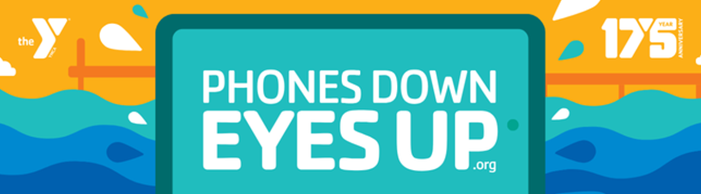 A graphic representation of an orange sky, and blue waves in the background with the image of a cell phone in the foreground with the Phones Down Eyes Up dot Org on it.