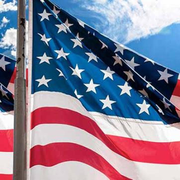 Row of U.S. flags against the sky
