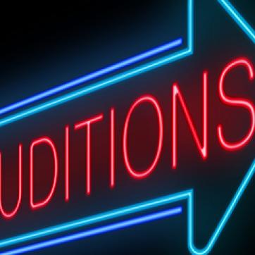 Blue and red neon sign - Arrow with Auditions text inside