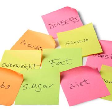 Group of sticky notes with one word on each: diabetes, insulin, glucose, overweight, fat, obesity, carbs, sugar, diet, pancreas