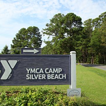 YMCA Camp Silver Beach sign outside the front entrance