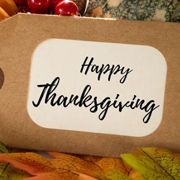 Cornucopia horn of plenty with berries, squash and tag that reads "Happy Thanksgiving"