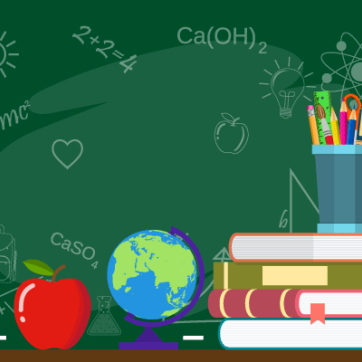 Chalkboard with math formulas in background. Foreground has a teacher's desk with apple, globe, books, and a pen cup with ruler and scissors