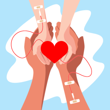 Illustration of hands holding hands holding a heart. Connected to the heart are two IV lines representing supporting each other with blood donation.