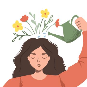 woman watering her head of flowers