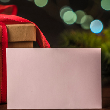 Christmas present, card, and ornaments