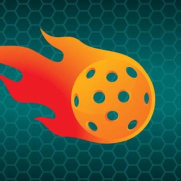 Orange flaming pickleball against dark green background with honeycomb texture
