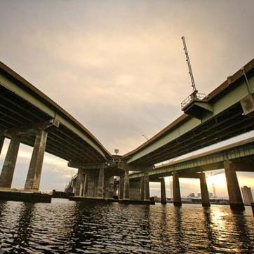 Downtown bridge/tunnel meeting point where two roads converge