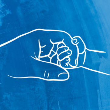 Blue background with a sketch drawing of a dad and child holding hands