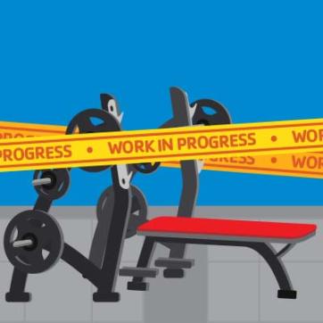 Illustrated graphic of a gym fitness center with Work in Progress caution tape for renovation