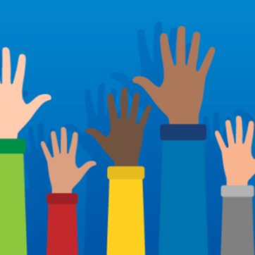 Blue background graphic with hands raised