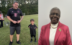 2 phoyos of YMCA volunteers - Father with son and lady in pink blazer