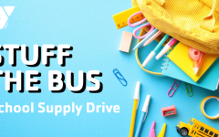 Light blue graphic with a photo of a backpack and school supplies