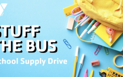 shcool supplies coming out of a backpack on a light blue backround