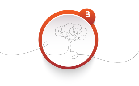 Red outlined circle with the number 3 and a continuous line drawing of a tree overlaying the circle