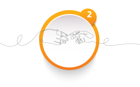 Orange outline circle with the number 2 and continuous line drawing of hands reaching toward each other overlaying the circle