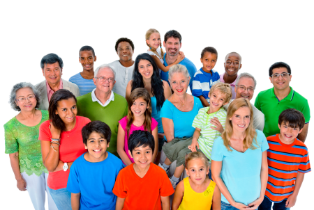 Diverse group of people looking up at camera and smiling, representing community