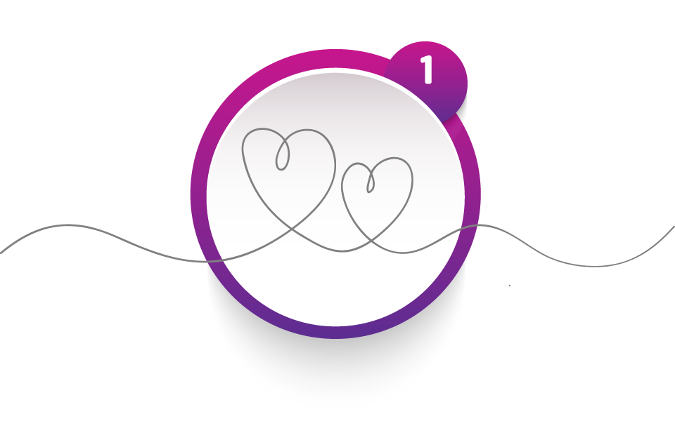 A purple outlined circle with the number 1, with a continuous line drawing of two hearts overlaying the circle