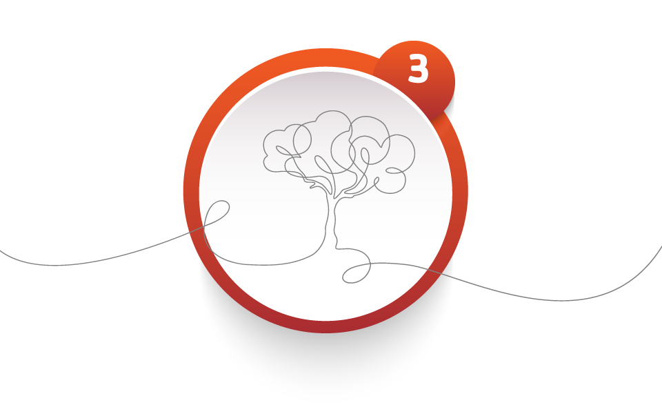 Red outlined circle with the number 3 and a continuous line drawing of a  tree overlaying the circle