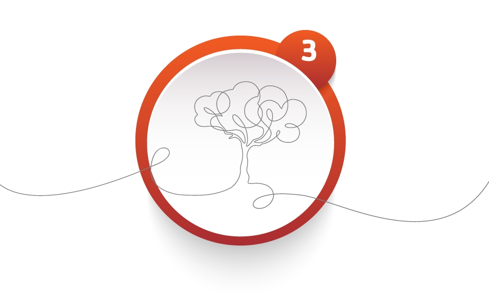 Red outlined circle with the number 3 and a continuous line drawing of a tree overlaying the circle