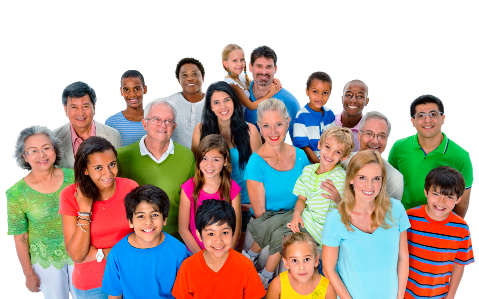 Diverse group of people looking up at camera and smiling, representing community