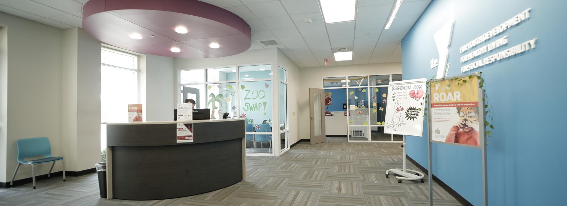 Lobby and member check-in area at the YMCA at Edinburgh