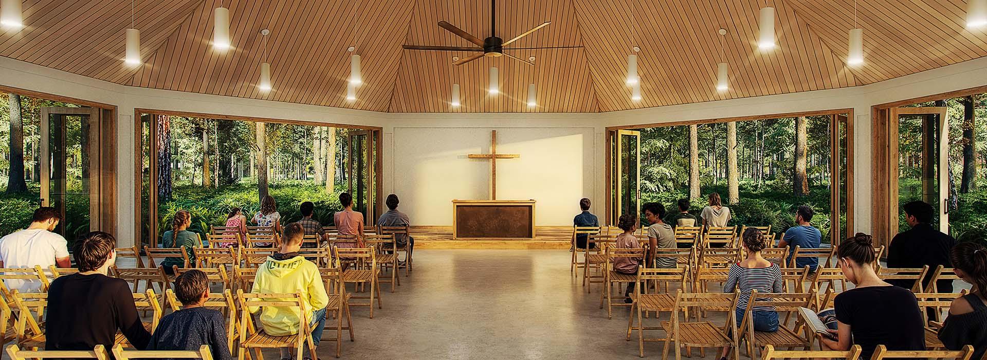 Camp Silver Beach YMCA chapel rendering inside with families