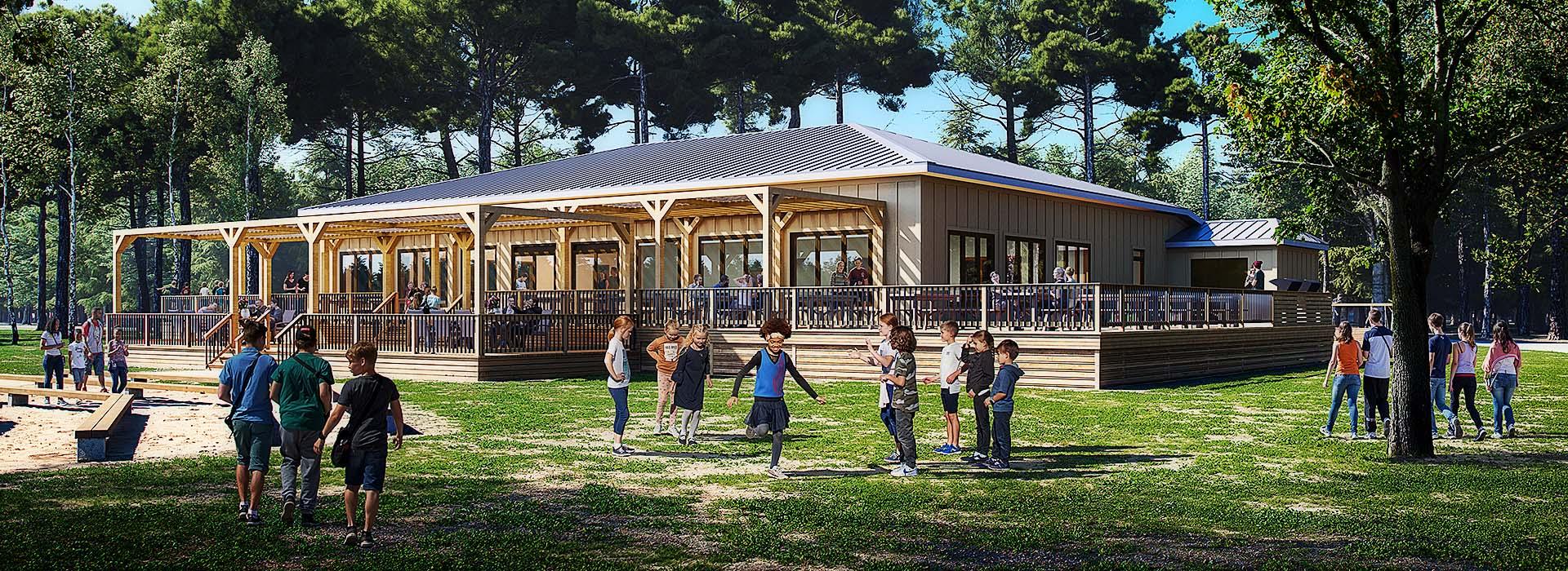 Camp Silver Beach YMCA dining hall rendering outside