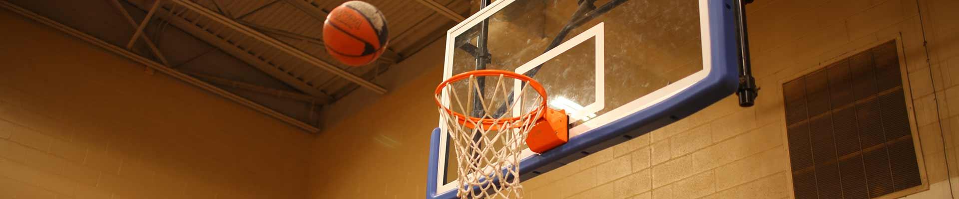Textural image of a basketball hoop with a ball arcing toward the net