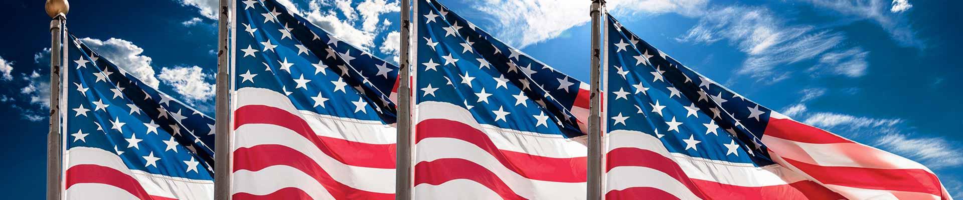 Row of U.S. flags against the sky