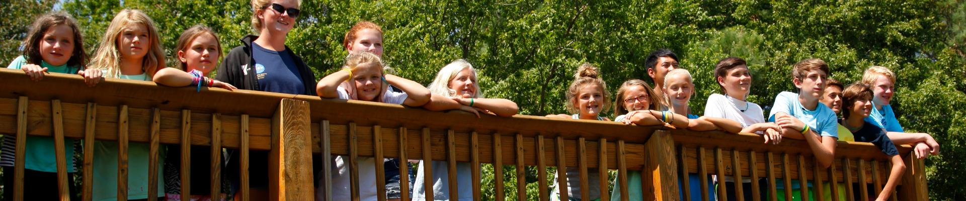 Group of summer campers leaning on the railing of the nature observation deck