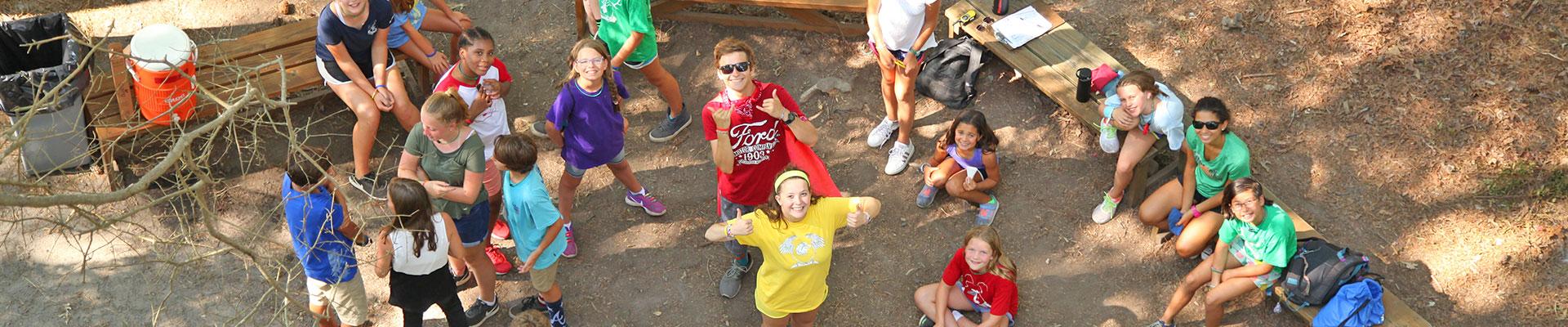 Campers looking up at sky camera at YMCA Camp Silver Beach