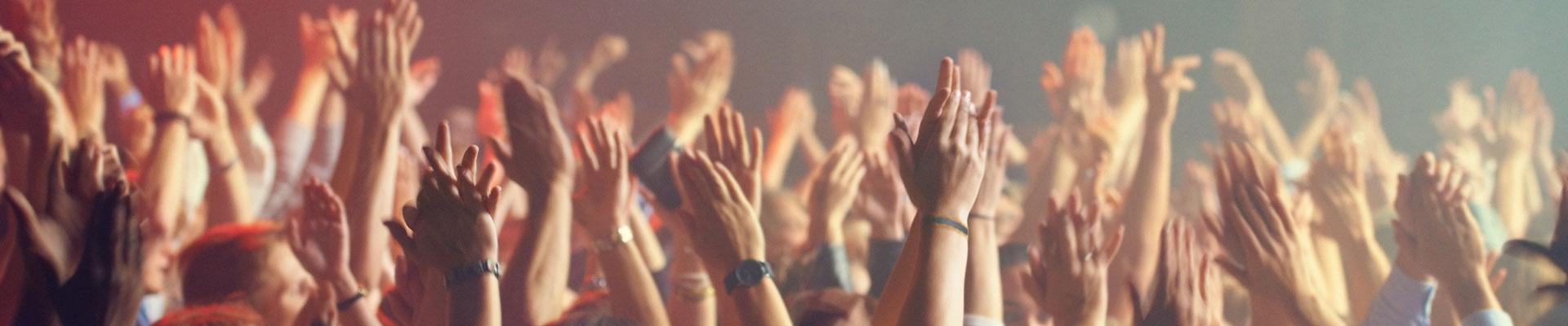 A crowd of people, hands raised in applause