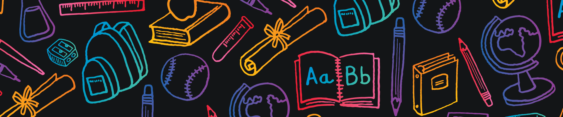 An illustration of colorful drawings of school supplies against a black background