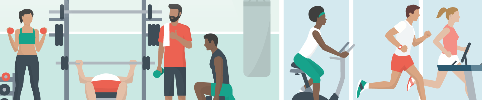 Illustration of various people working out in the gym