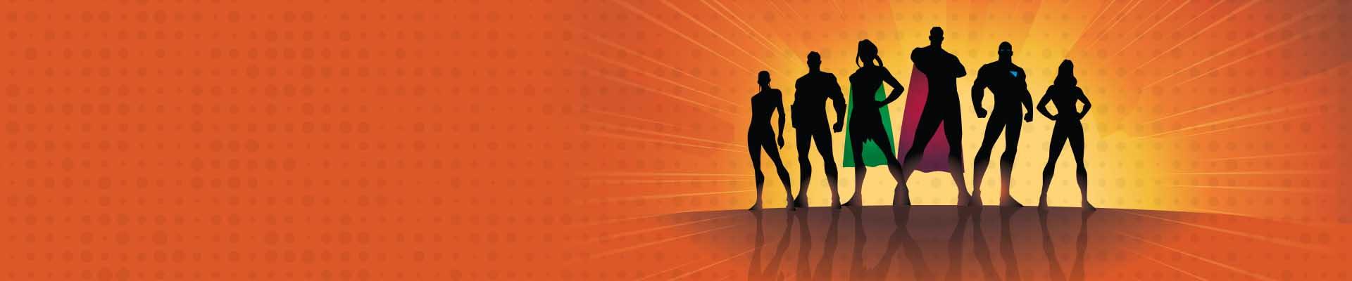 Orange background with pop art with superheroes