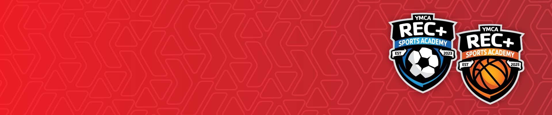 Red chevron background with a Rec Plus logo for YMCA Rec Plus Sports