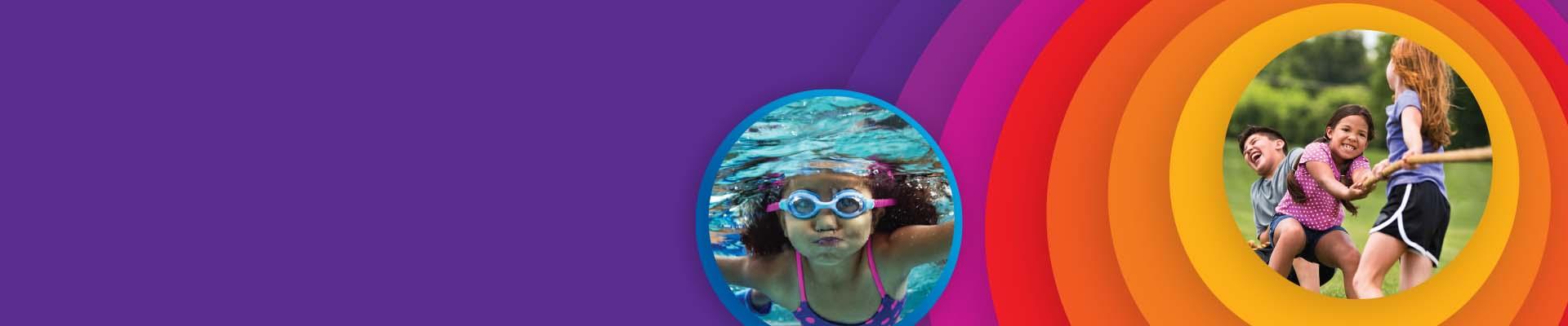 Purple banner with rainbow of colors and pictures of kids having fun in summer camp